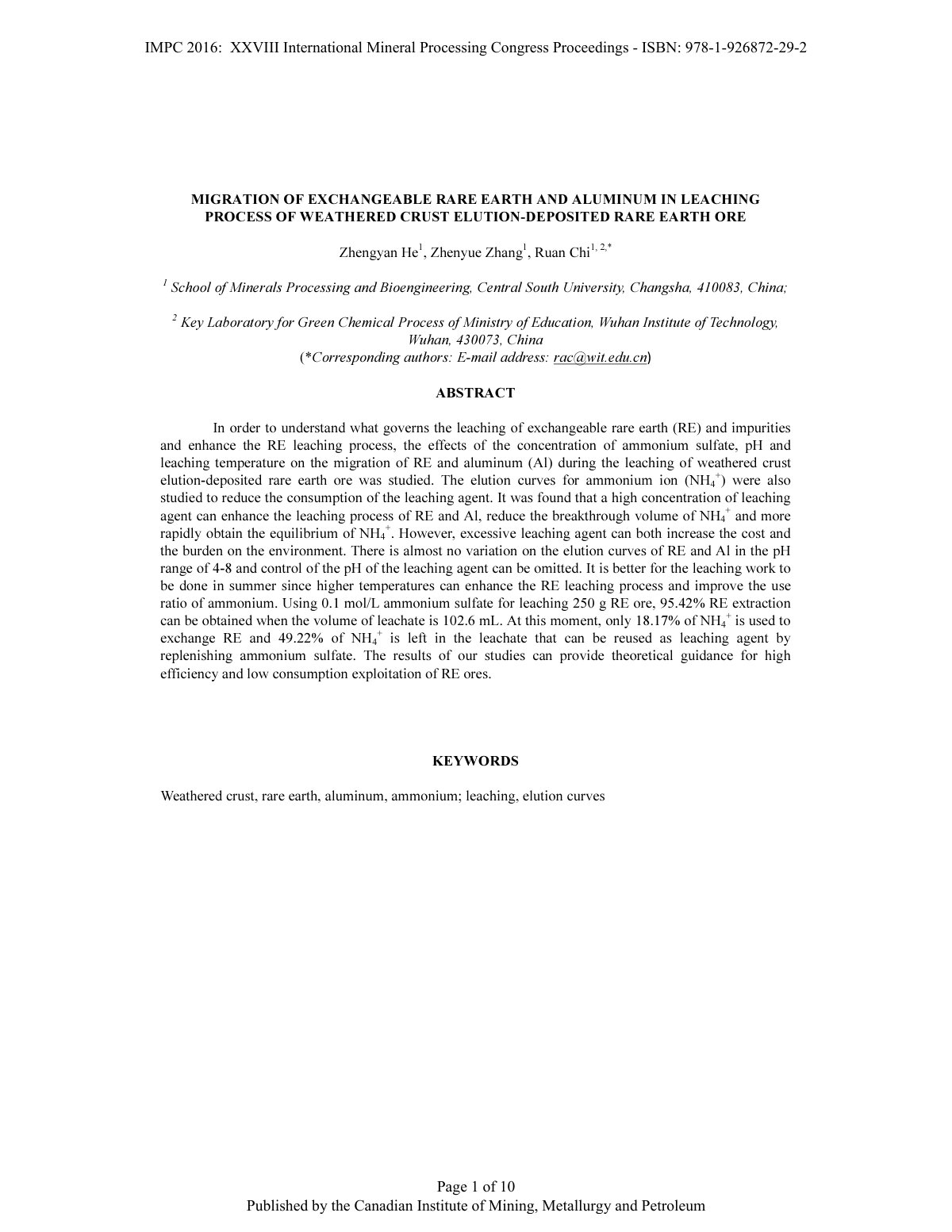 First page of Migration of exchangeable rare earth and aluminum in leaching process of weathered crust elution-deposited rare earth ore