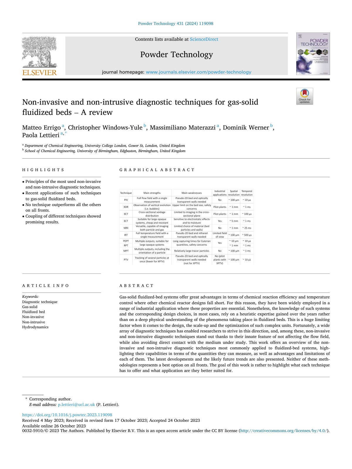 First page of Non-invasive and non-intrusive diagnostic techniques for gas-solid fluidized beds – A review