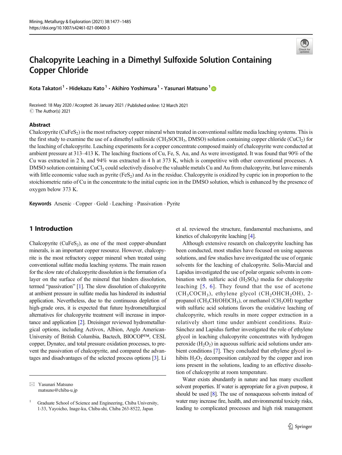 First page of Chalcopyrite Leaching in a Dimethyl Sulfoxide Solution Containing Copper Chloride