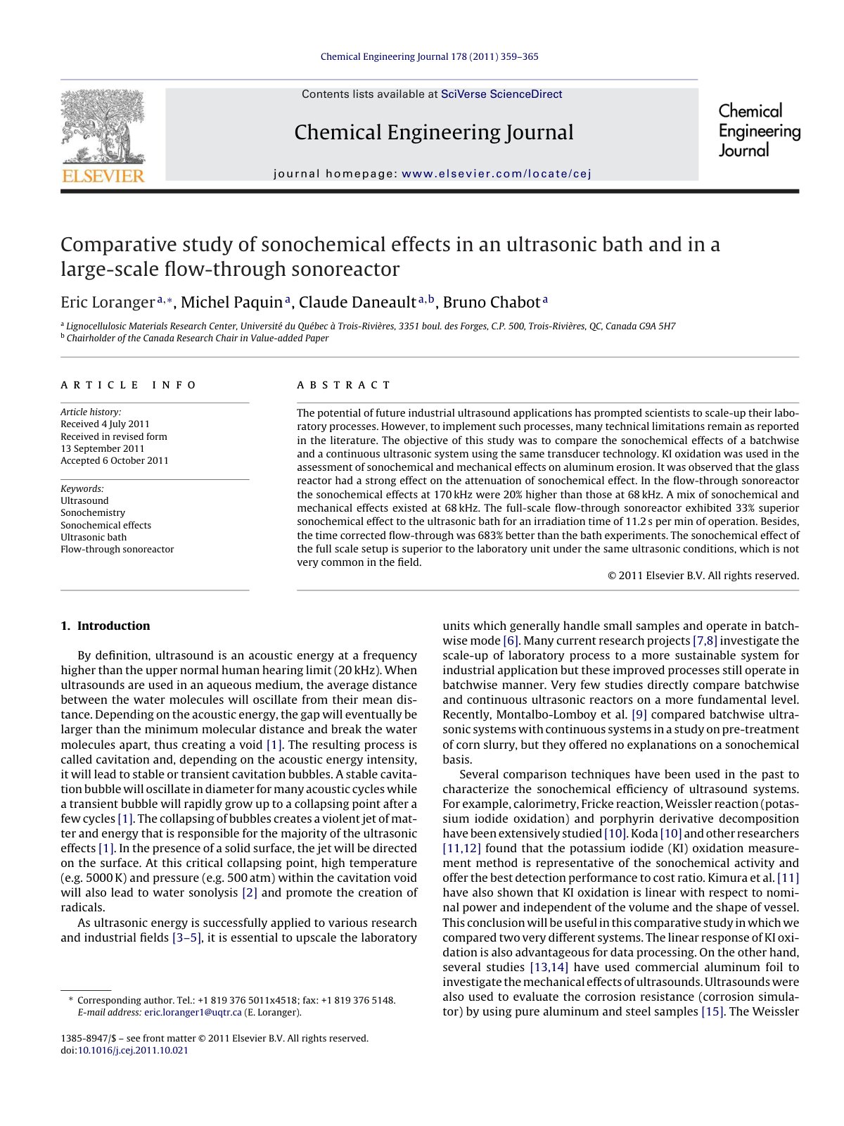 First page of Comparative study of sonochemical effects in an ultrasonic bath and in a large-scale flow-through sonoreactor