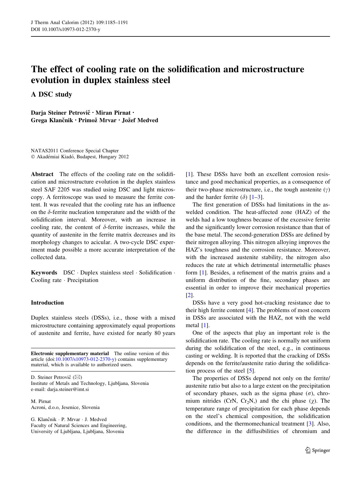 First page of The effect of cooling rate on the solidiﬁcation and microstructure evolution in duplex stainless steel