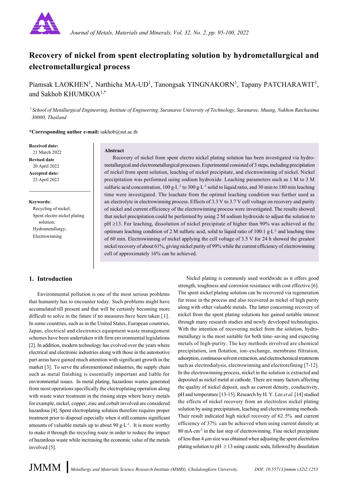 First page of Recovery of nickel from spent electropla