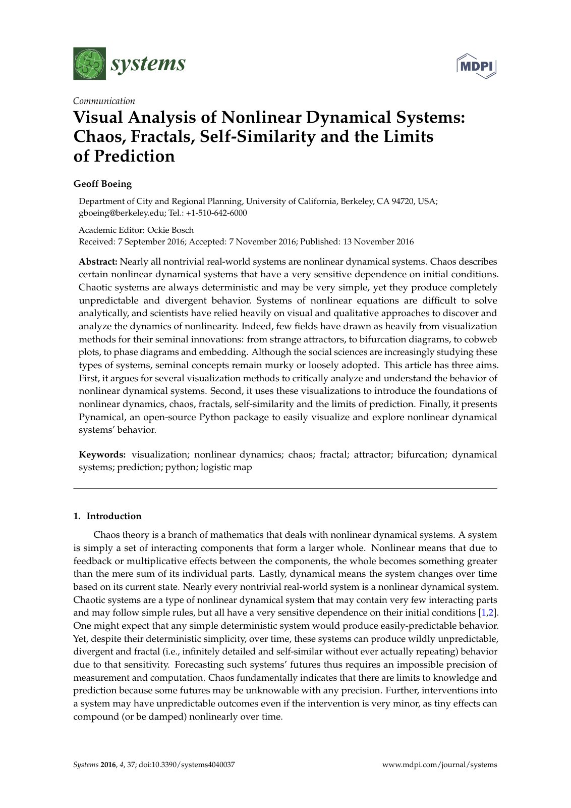 First page of Visual Analysis of Nonlinear Dynamical Systems: Chaos, Fractals, Self-Similarity and the Limits of Prediction