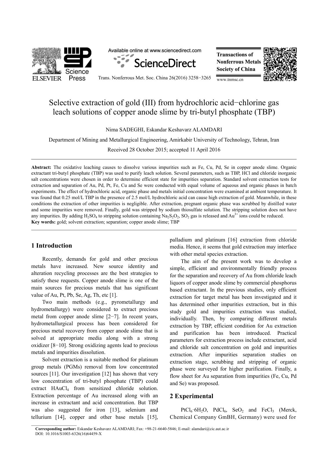 First page of Selective extraction of gold III from hy