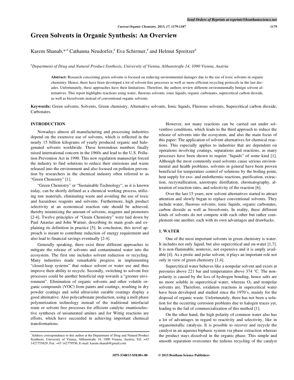 First page of Green Solvents in Organic Synthesis: An Overview