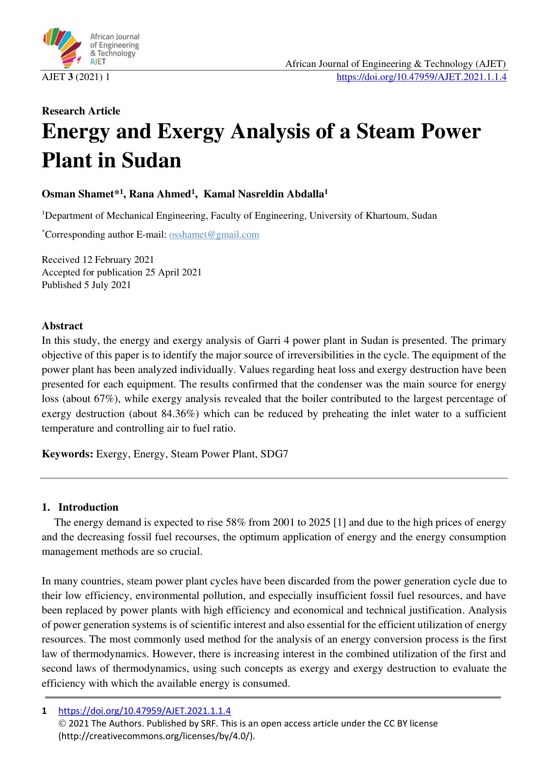 First page of Energy and Exergy Analysis of a Steam Po