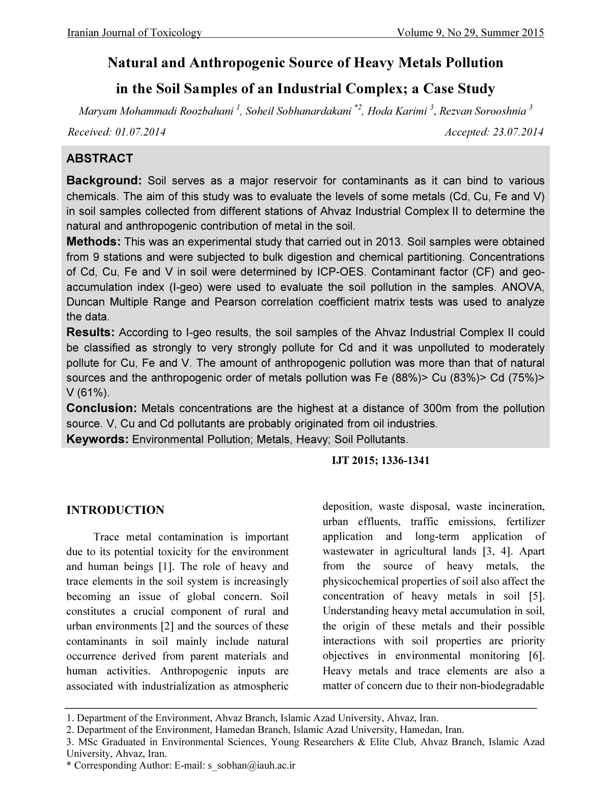 First page of Natural and Anthropogenic Source of Heavy Metals Pollution in the Soil Samples of an Industrial Complex; a Case Study
