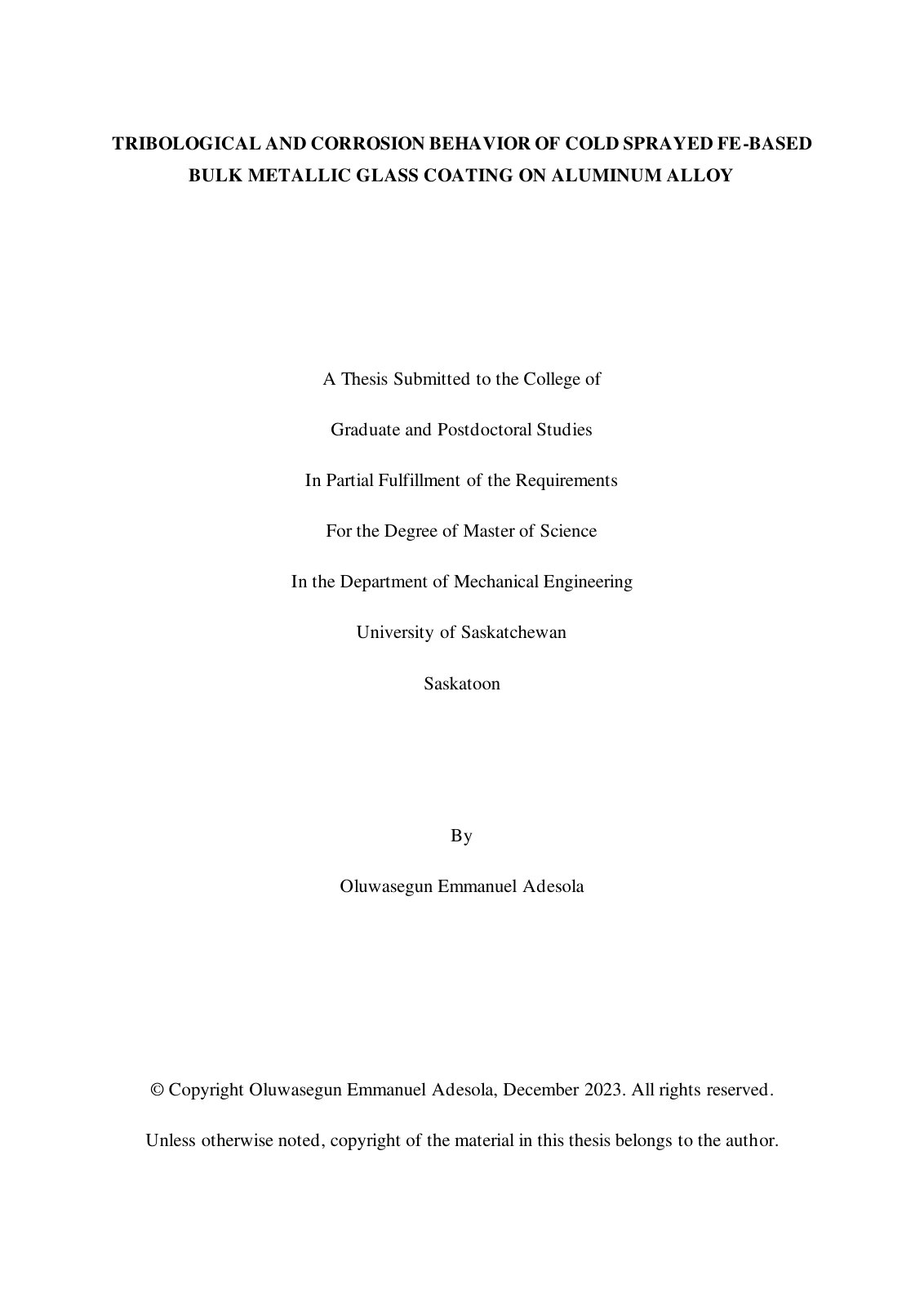 First page of Tribological and Corrosion Behavior of Cold Sprayed Fe-Based Bulk Metallic Glass Coating on Aluminum Alloy