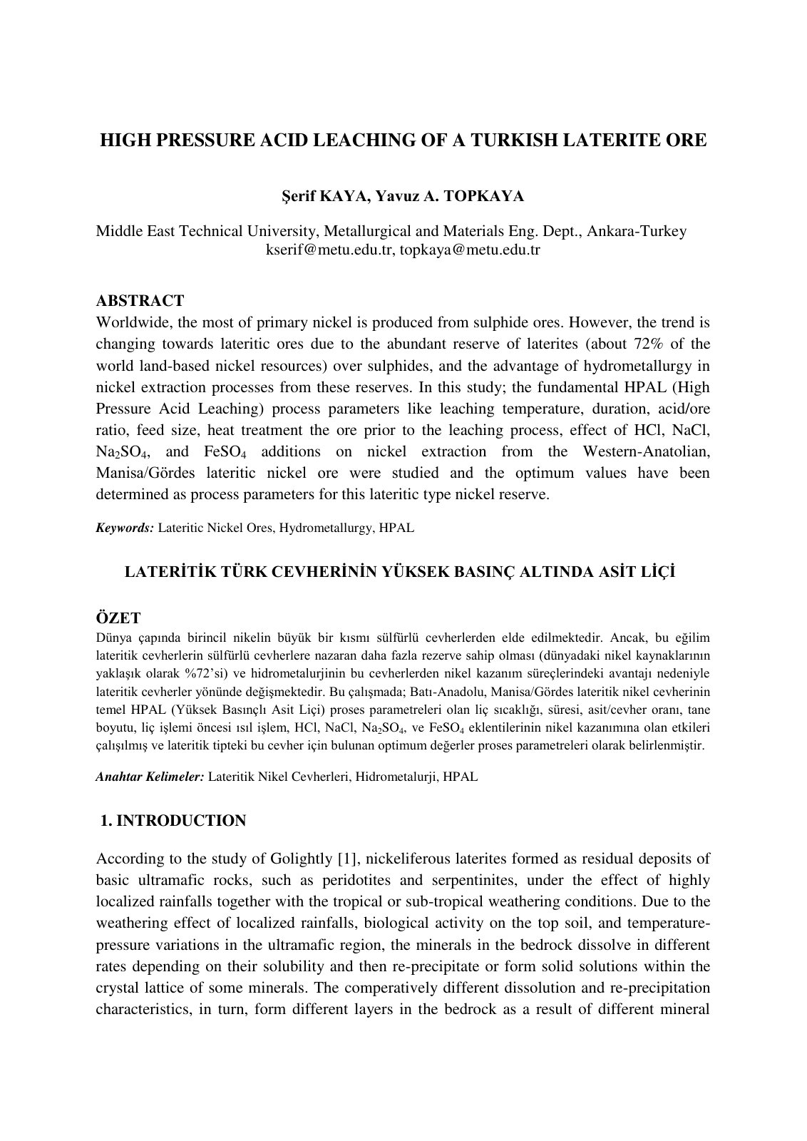 First page of HIGH PRESSURE ACID LEACHING OF A TURKISH LATERITE ORE