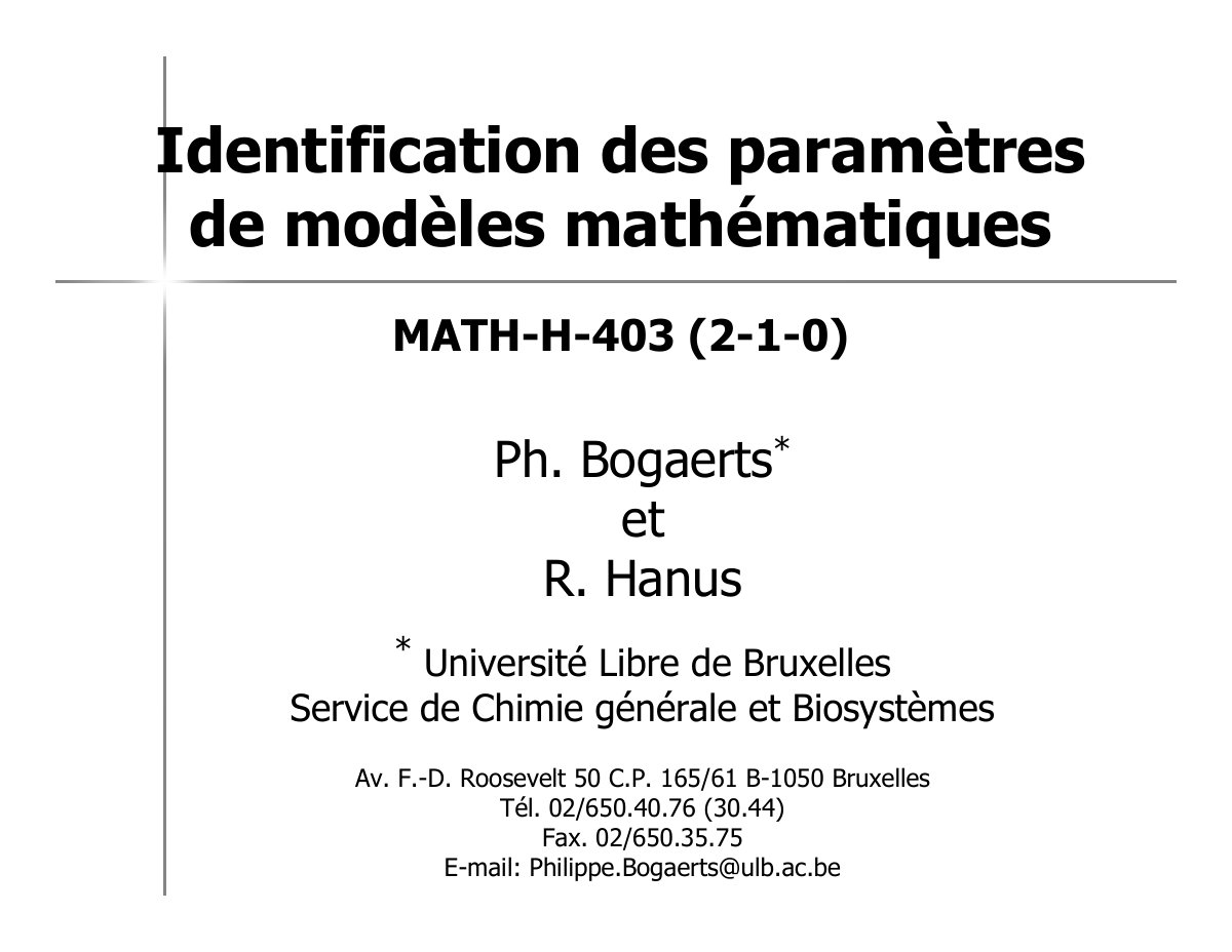 First page of III.1. Annexe A  Cours ULB Identification des Paramètres de Modèles Mathématiques