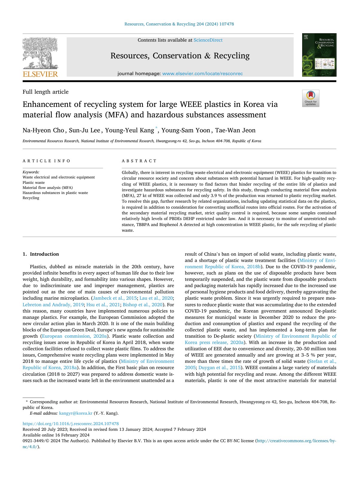 First page of Enhancement of recycling system for large WEEE plastics 2024 Resources  Cons