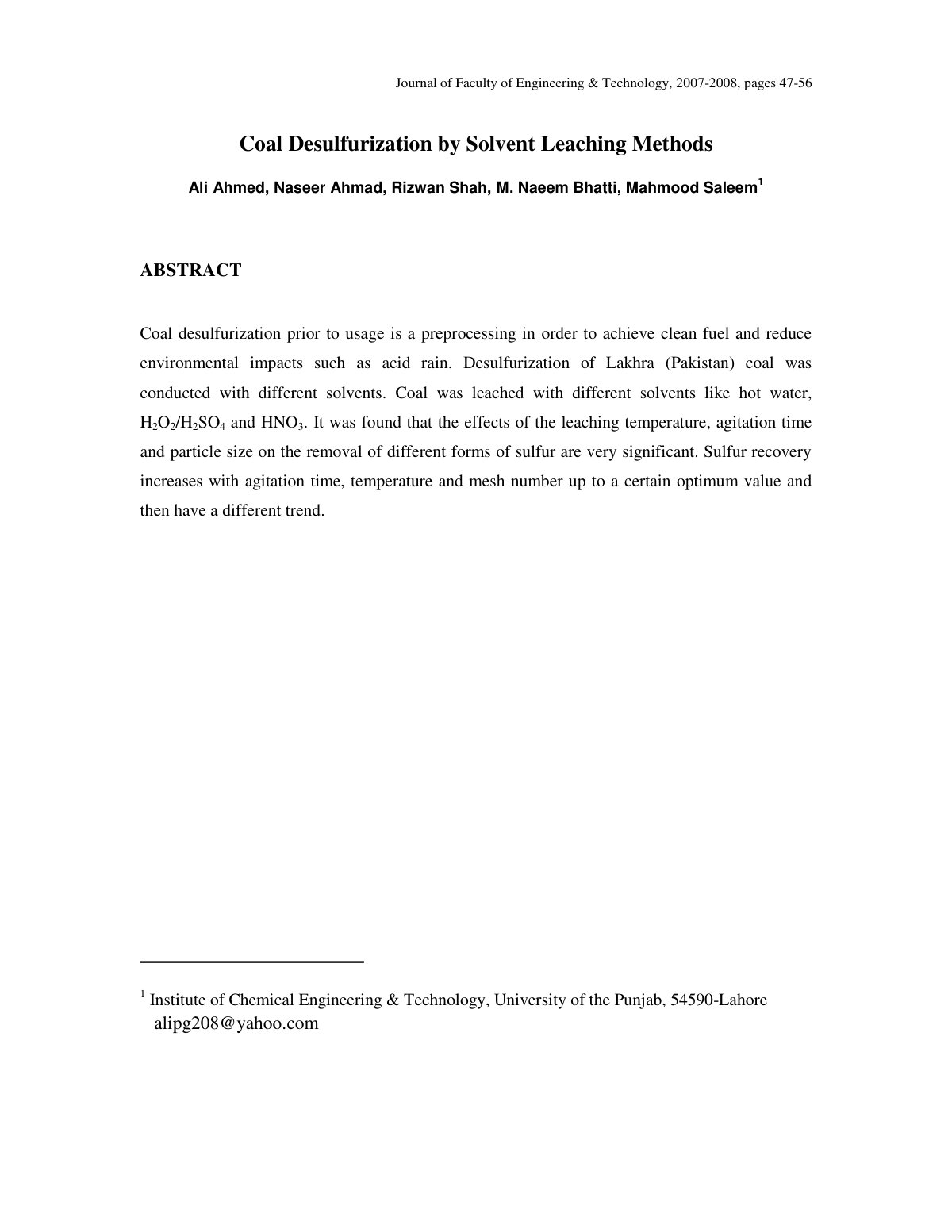 First page of Coal Desulfurization by Solvent Leaching