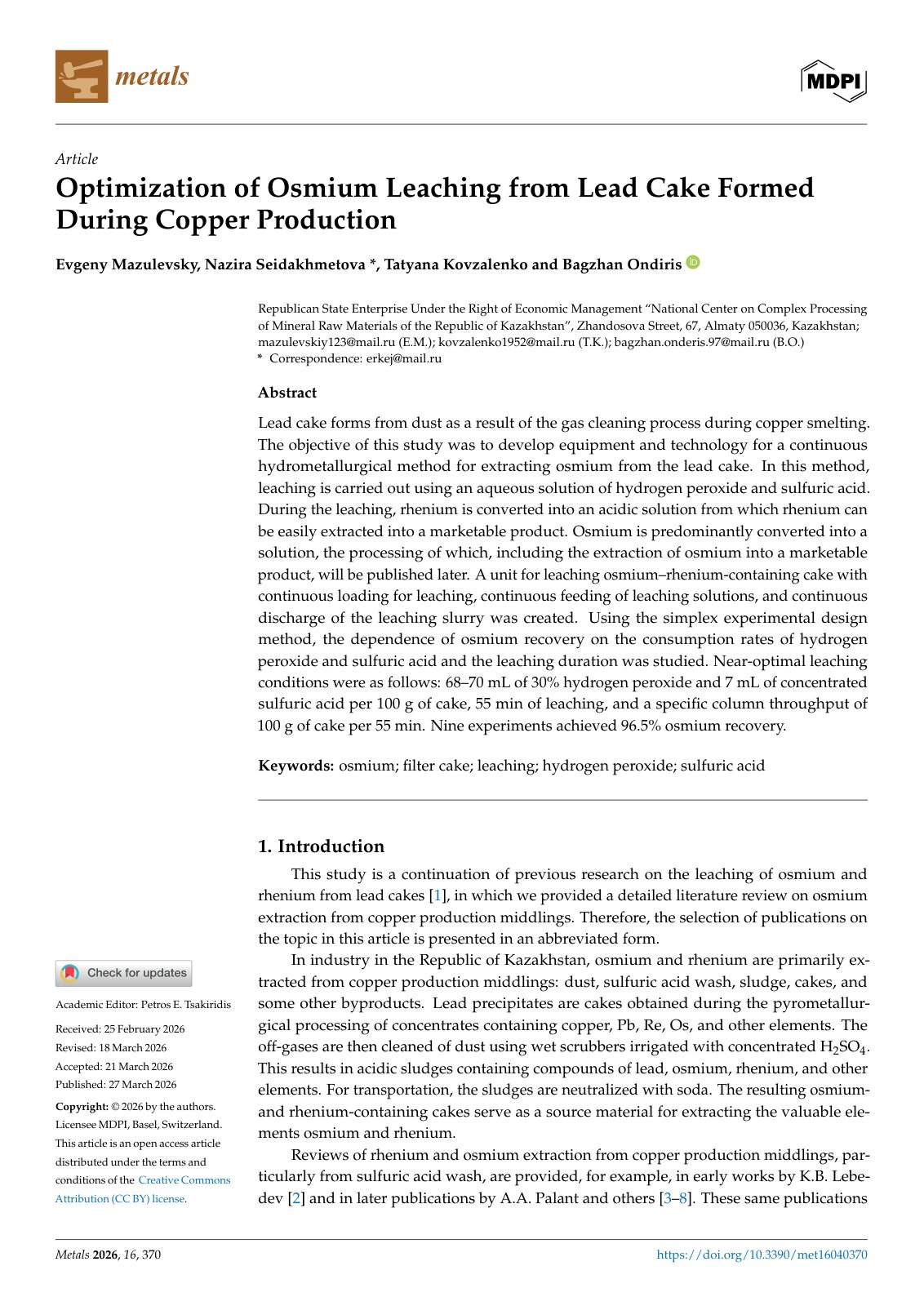 First page of 2026   Mazulevsky   Osmium Leaching from Copper Production Lead Cake