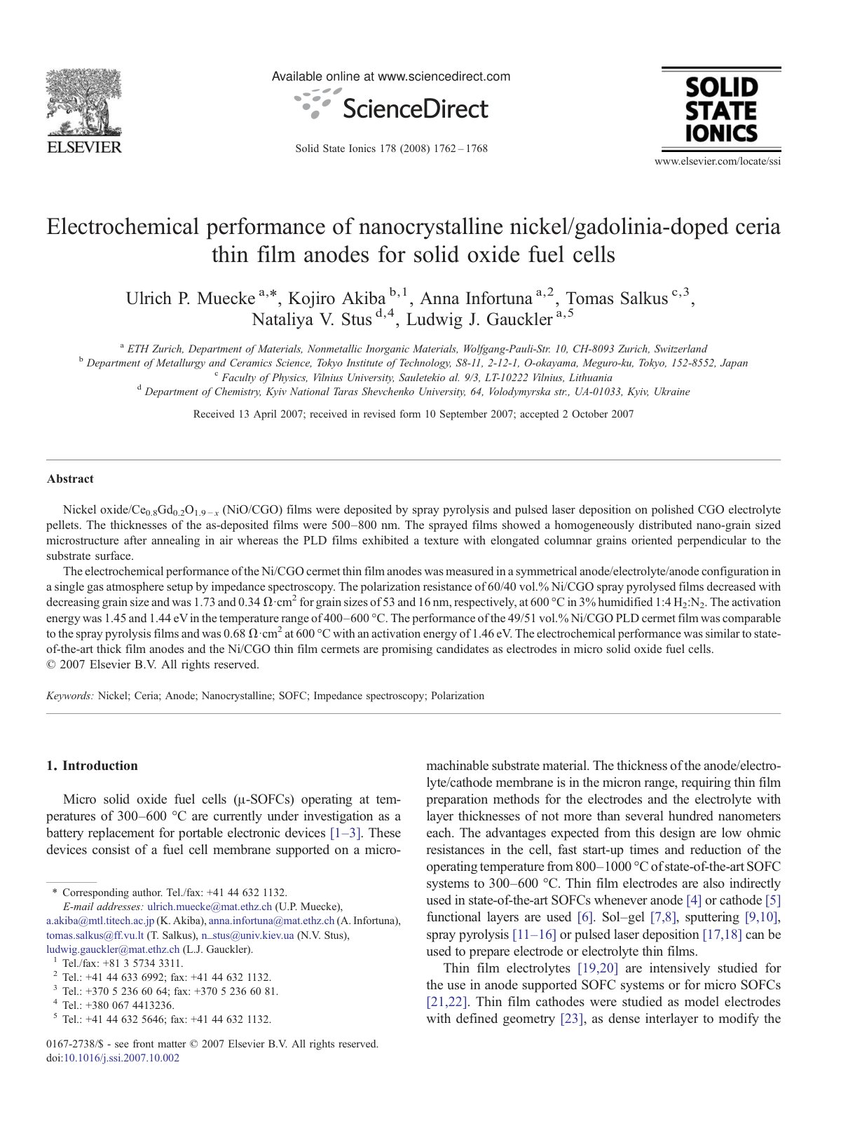 First page of Electrochemical performance of nanocrystalline nickel/gadolinia-doped ceria thin film anodes for solid oxide fuel cells
