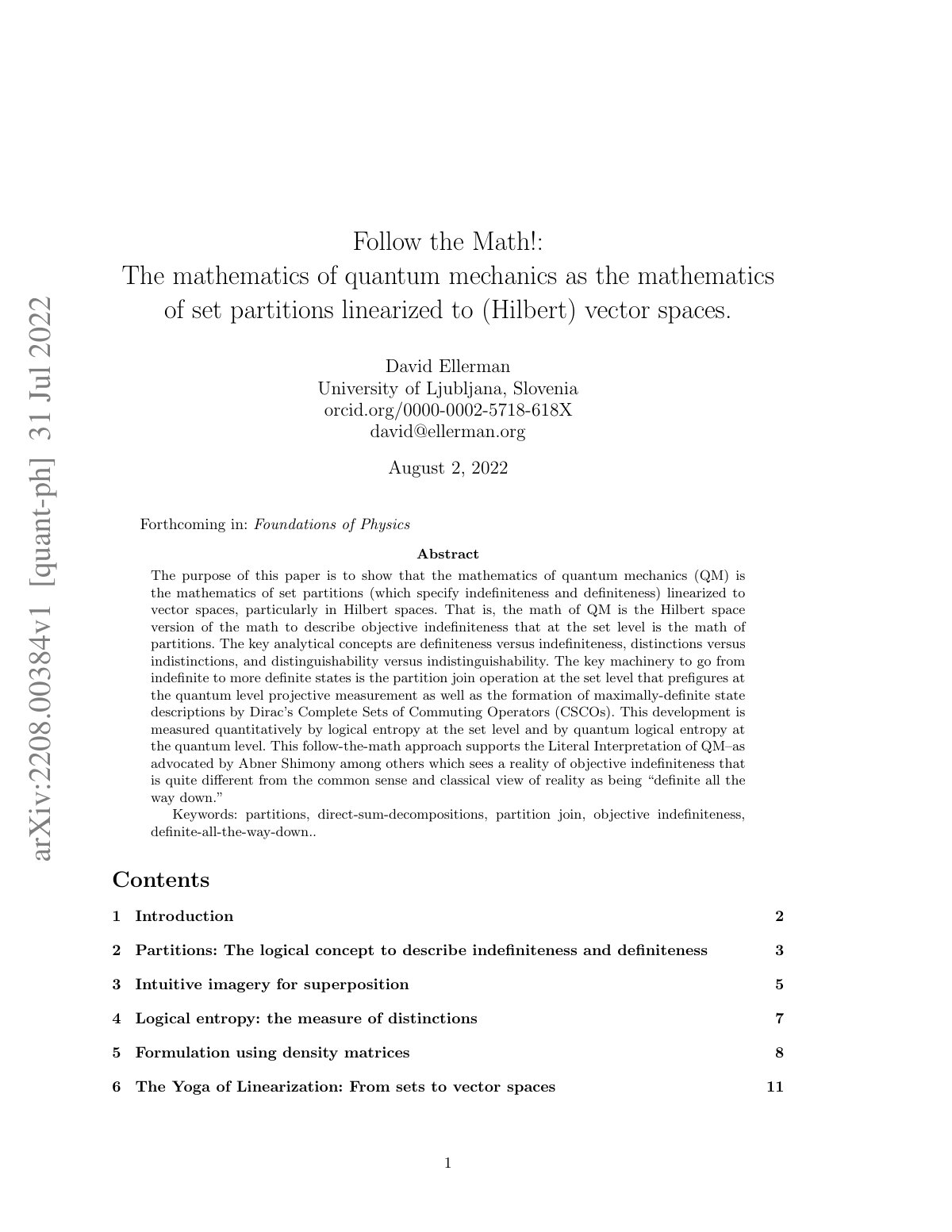 First page of Follow the Math!: The mathematics of quantum mechanics as the mathematics of set partitions linearized to (Hilbert) vector spaces.