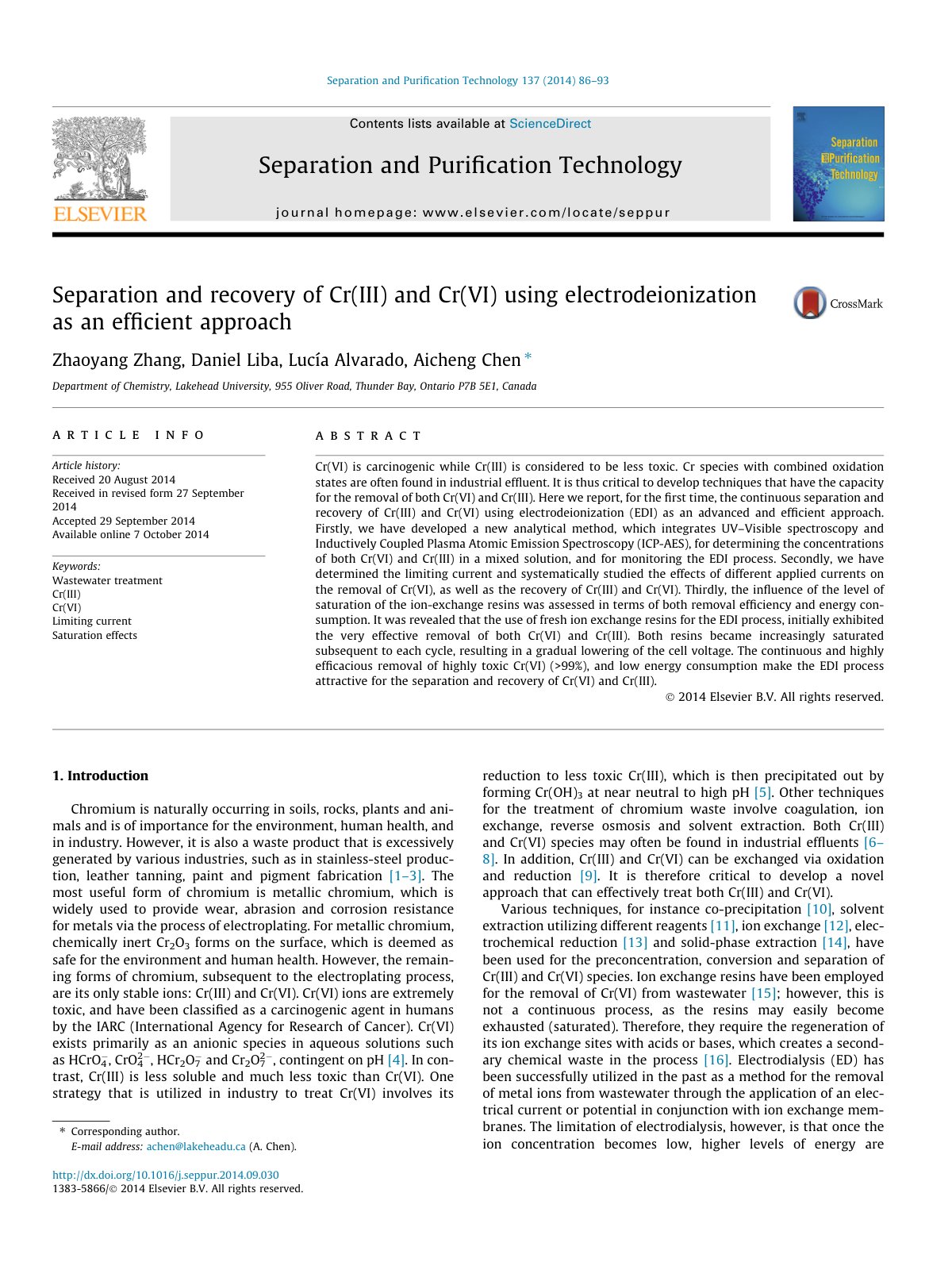 First page of Separation and recovery of Cr(III) and Cr(VI) using electrodeionization as an efﬁcient approach
