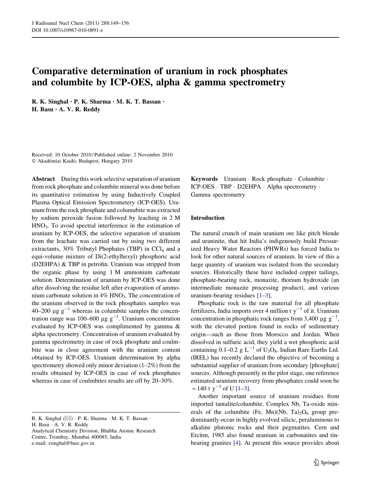 First page of Comparative determination of uranium in rock phosphates and columbite by ICP-OES, alpha & gamma spectrometry