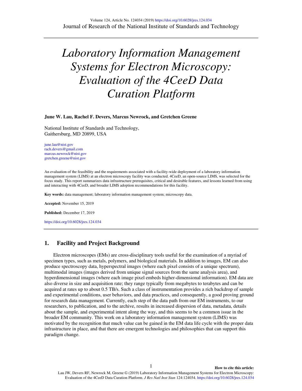 First page of Laboratory Information Management Systems for Electron Microscopy: Evaluation of the 4CeeD Data Curation Platform