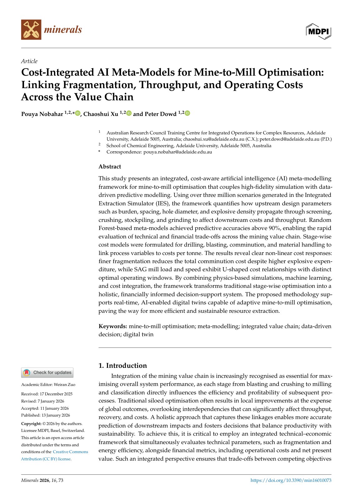 First page of Cost-Integrated AI Meta-Models for Mine-to-Mill Optimisation: Linking Fragmentation, Throughput, and Operating Costs Across the Value Chain