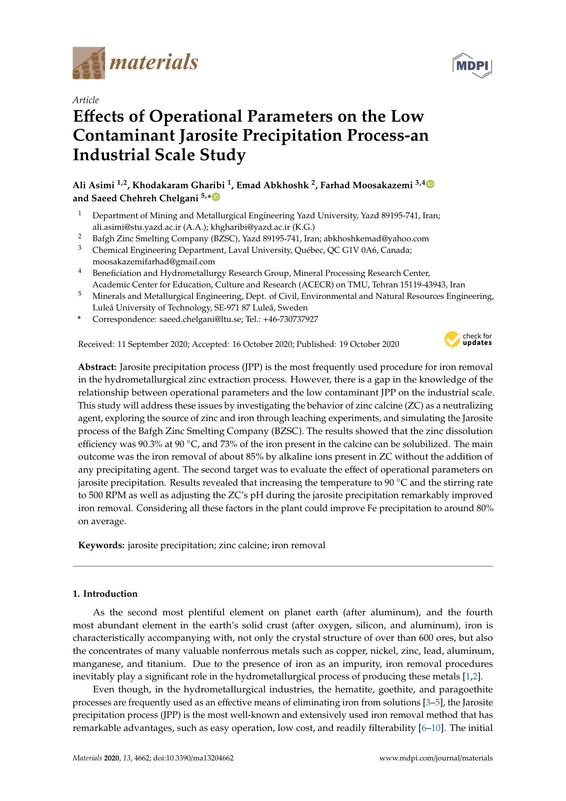 First page of Effects of Operational Parameters on the Low Contaminant Jarosite Precipitation Process-an Industrial Scale Study