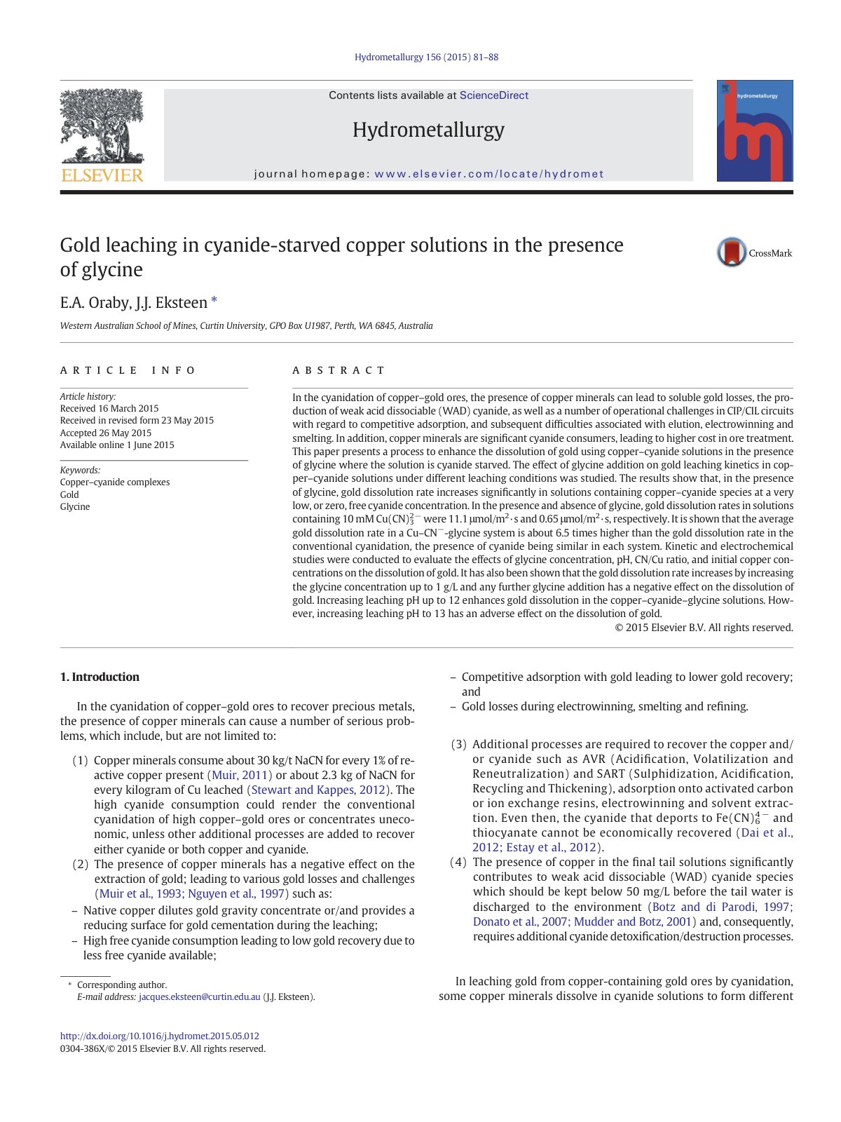 First page of Gold leaching in cyanide-starved copper solutions in the presence of glycine