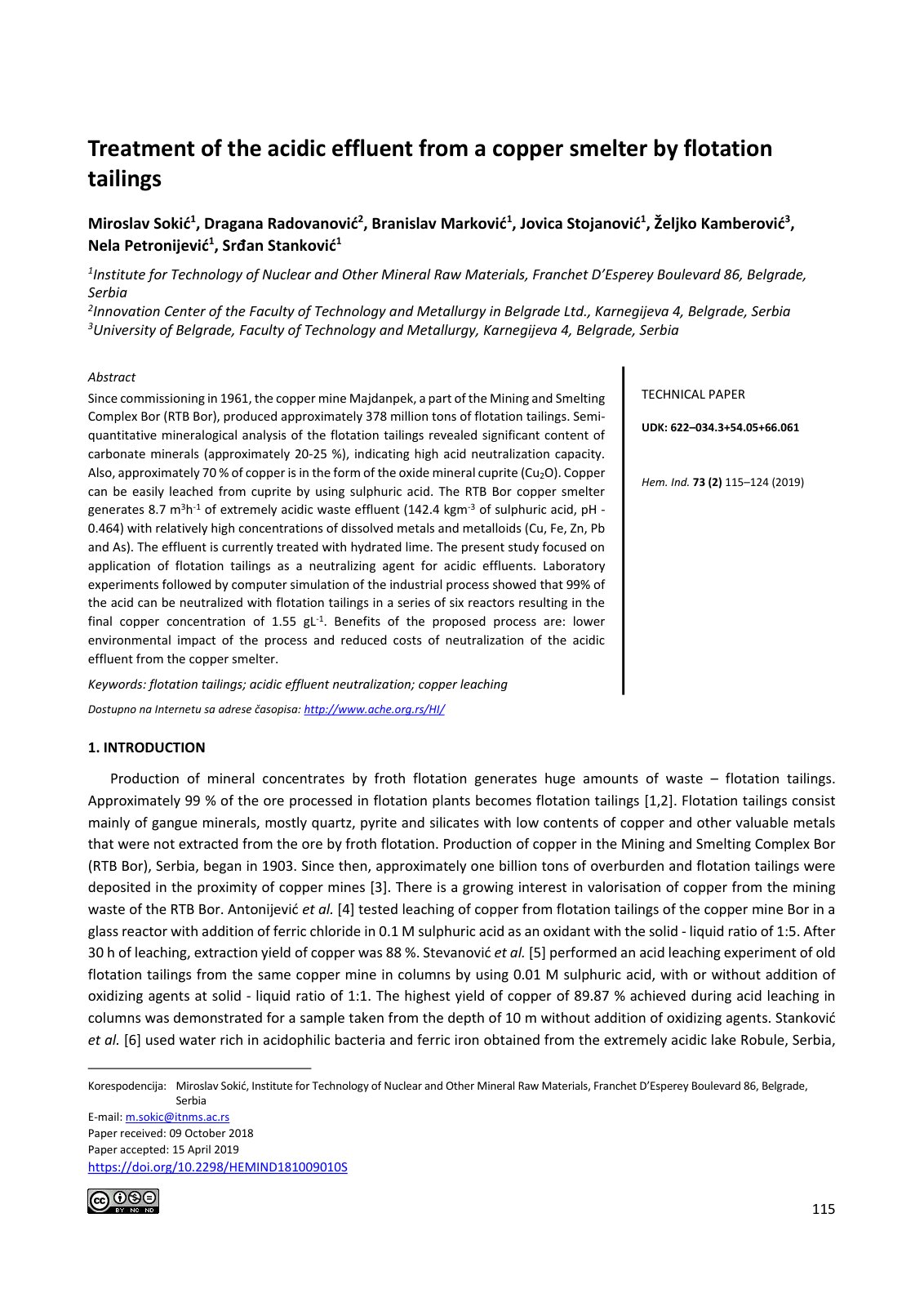 First page of Treatment of the acidic effluent from a