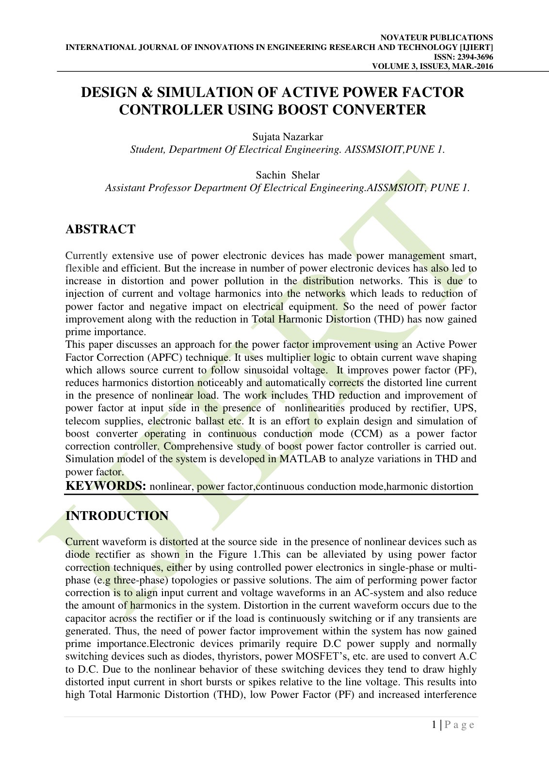 First page of DESIGN & SIMULATION OF ACTIVE POWER FACTOR CONTROLLER USING BOOST CONVERTER