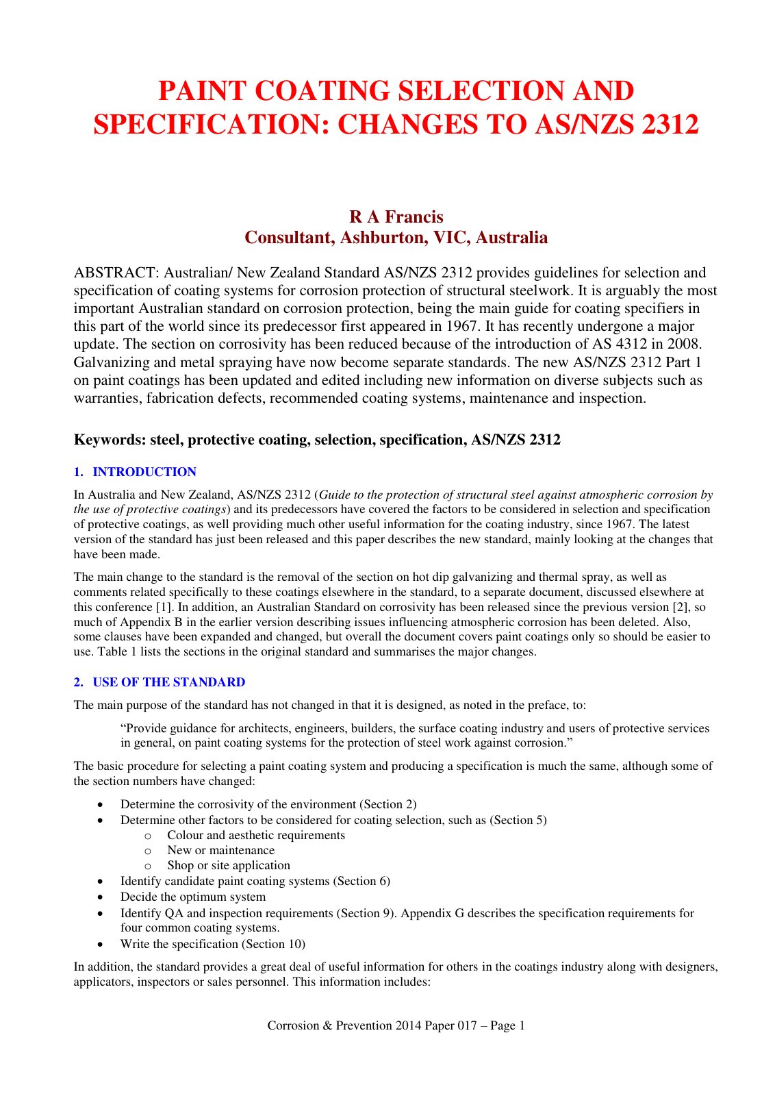 First page of Paint Coating Selection and Specificatio