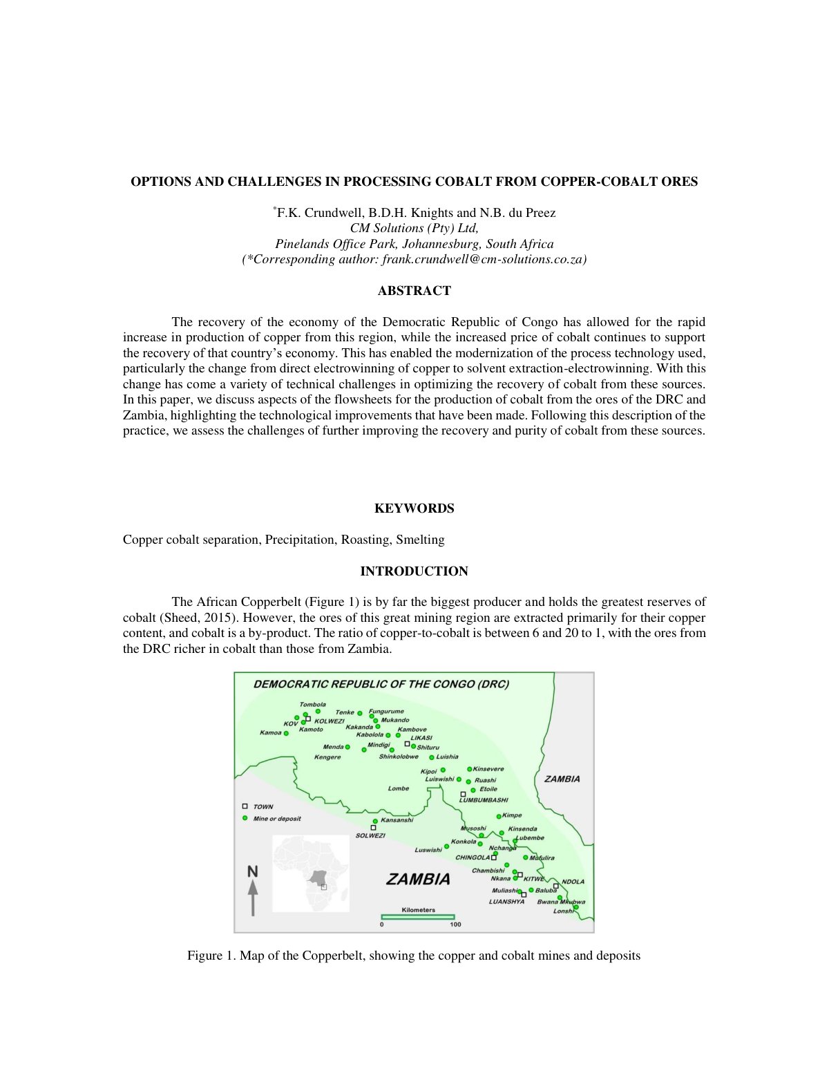 First page of OPTIONS AND CHALLENGES IN PROCESSING COBALT FROM COPPER-COBALT ORES