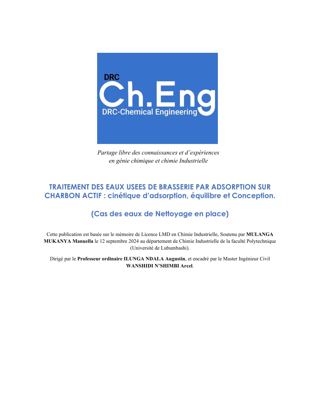 First page of PROJET DE CHIMIE INDUSTRIELLE N 1 2024 D