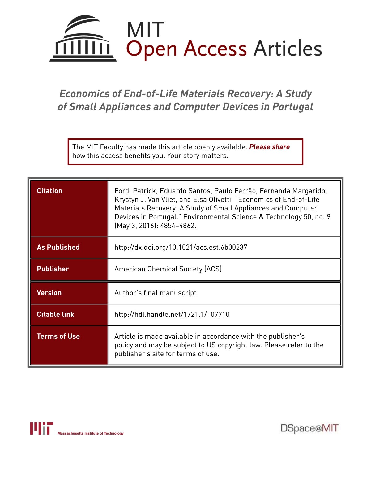 First page of Economics of End-of-Life Materials Recovery: A Study of Small Appliances and Computer Devices in Portugal