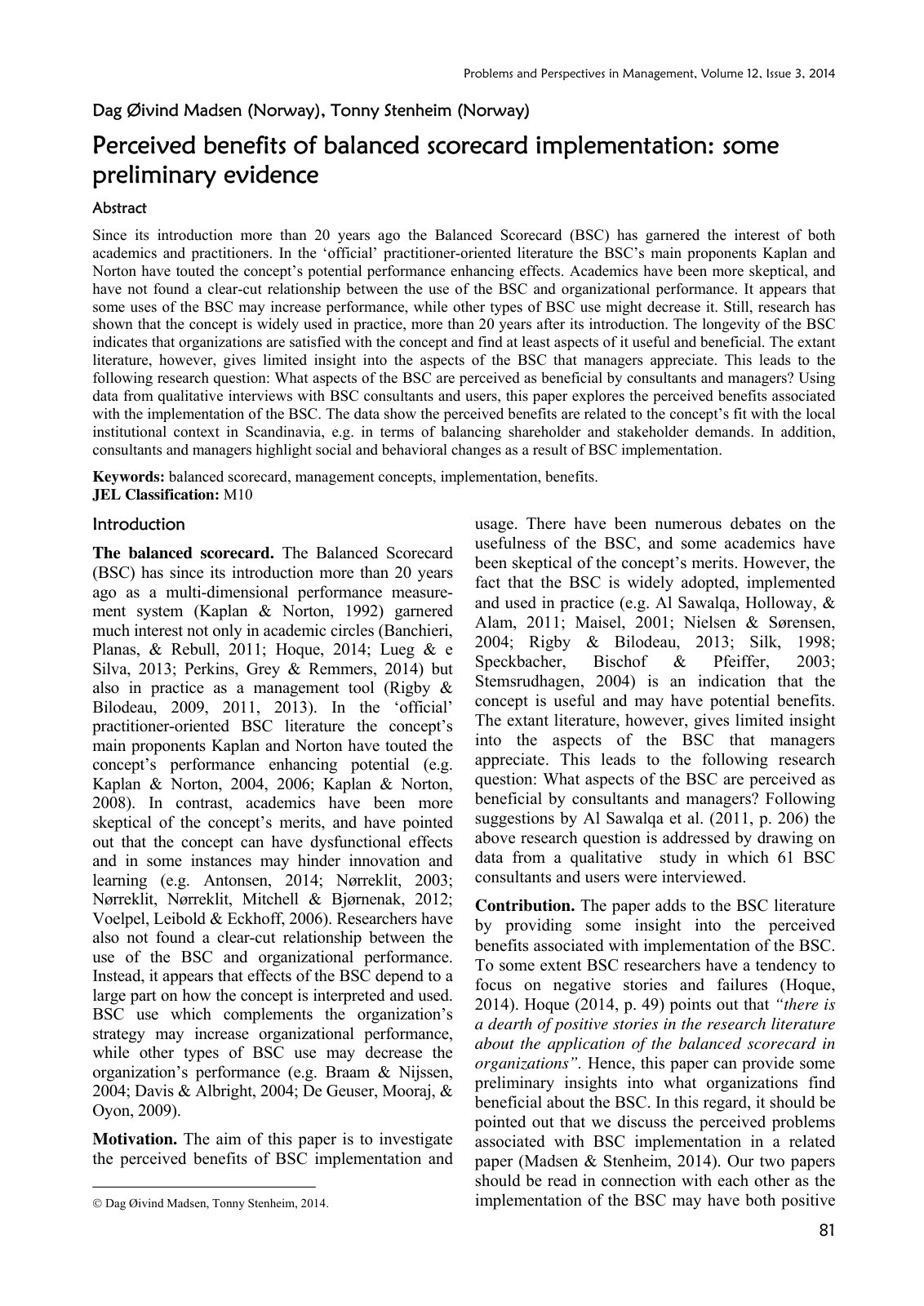 First page of Perceived benefits of balanced scorecard