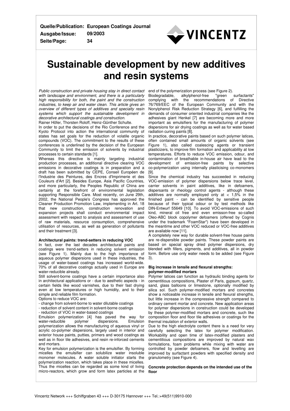 First page of Sustainable development by new additives and resin systems