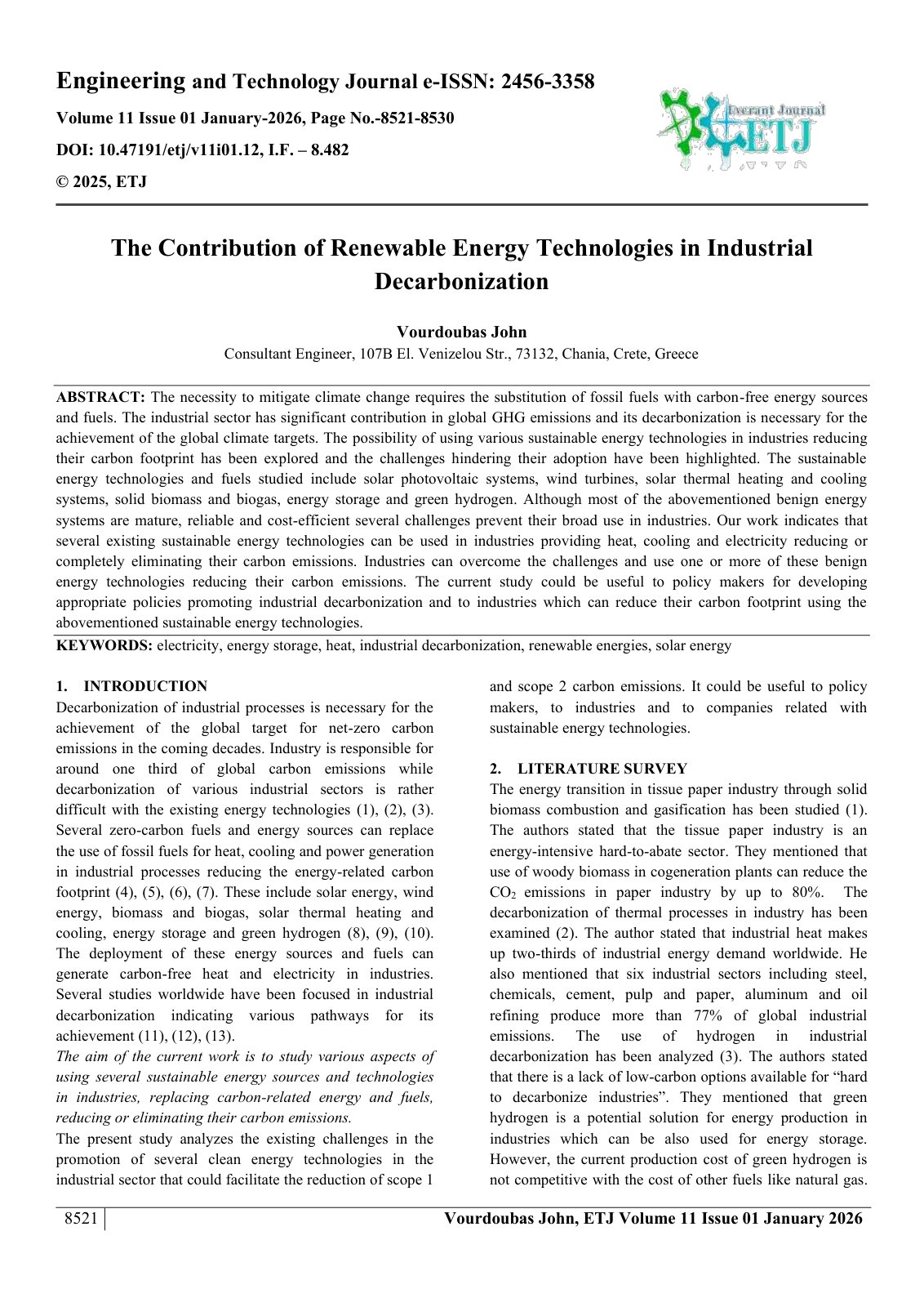 First page of The Contribution of Renewable Energy Technologies in Industrial  Decarbonization   