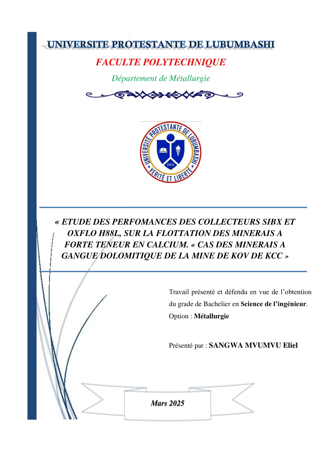 First page of ETUDE DES PERFOMANCES DES COLLECTEURS SIBX ET OXFLO H88L, SUR LA FLOTTATION DES MINERAIS A FORTE TENEUR EN CALCIUM. « CAS DES MINERAIS A GANGUE DOLOMITIQUE DE LA MINE DE KOV DE KCC »