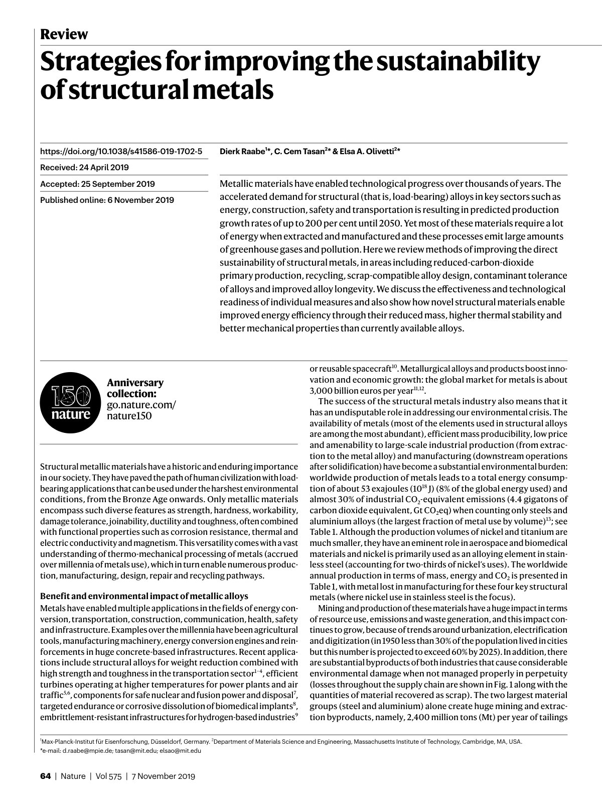 First page of Strategies for improving the sustainability of structural metals