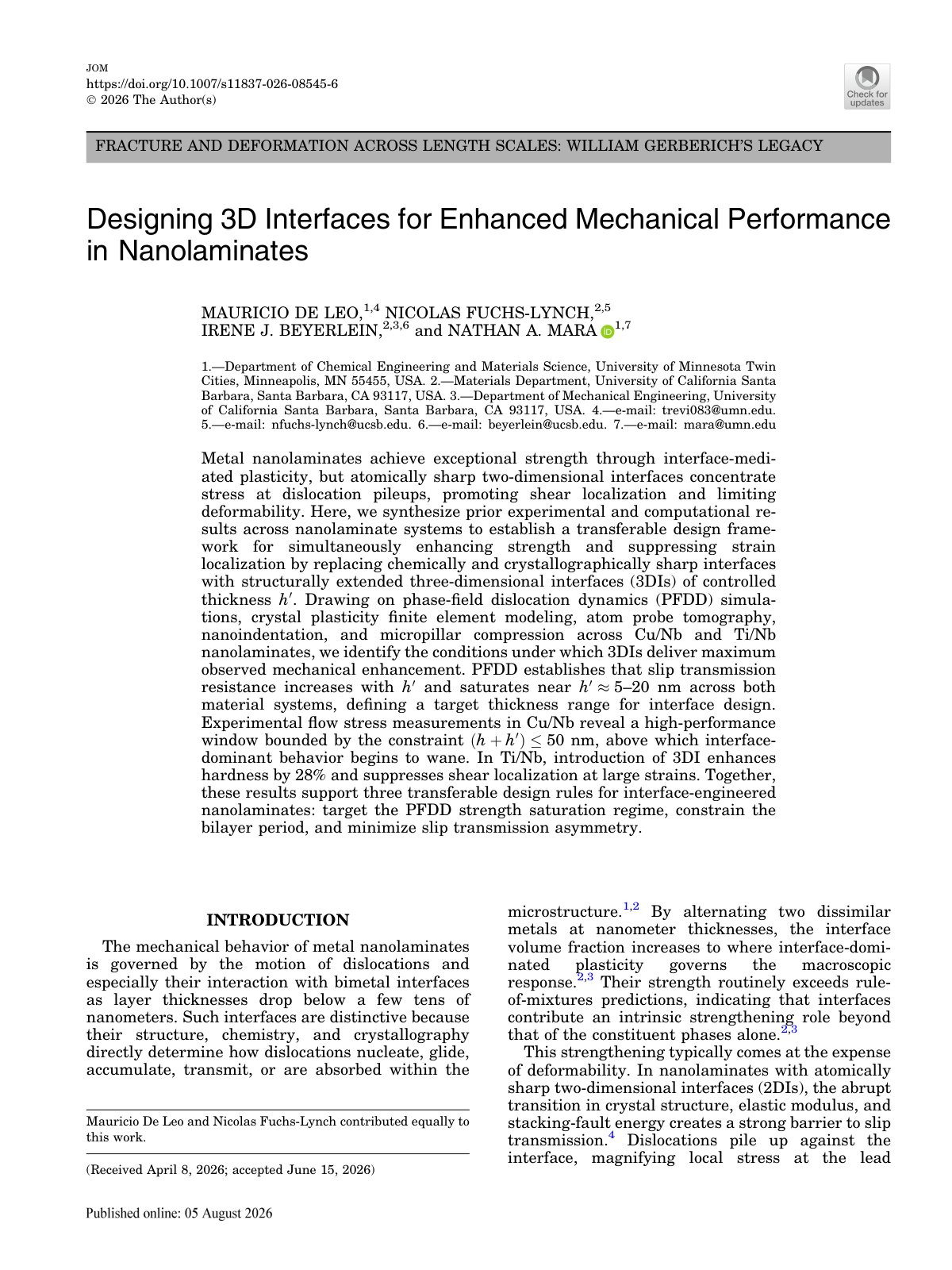 First page of 2026 DeLeo 3D Interfaces Nanolaminates