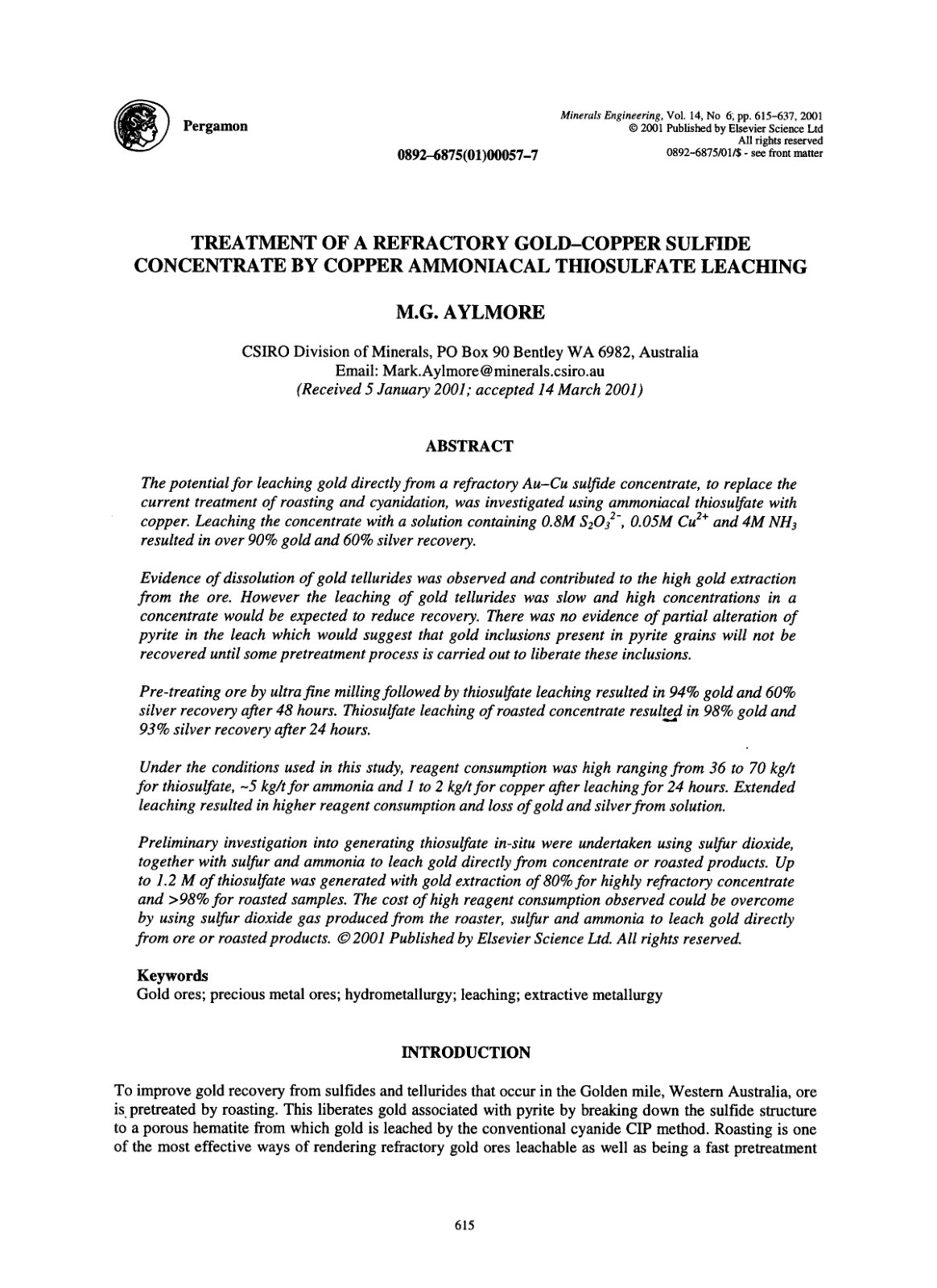 First page of Treatment of a refractory gold copper su