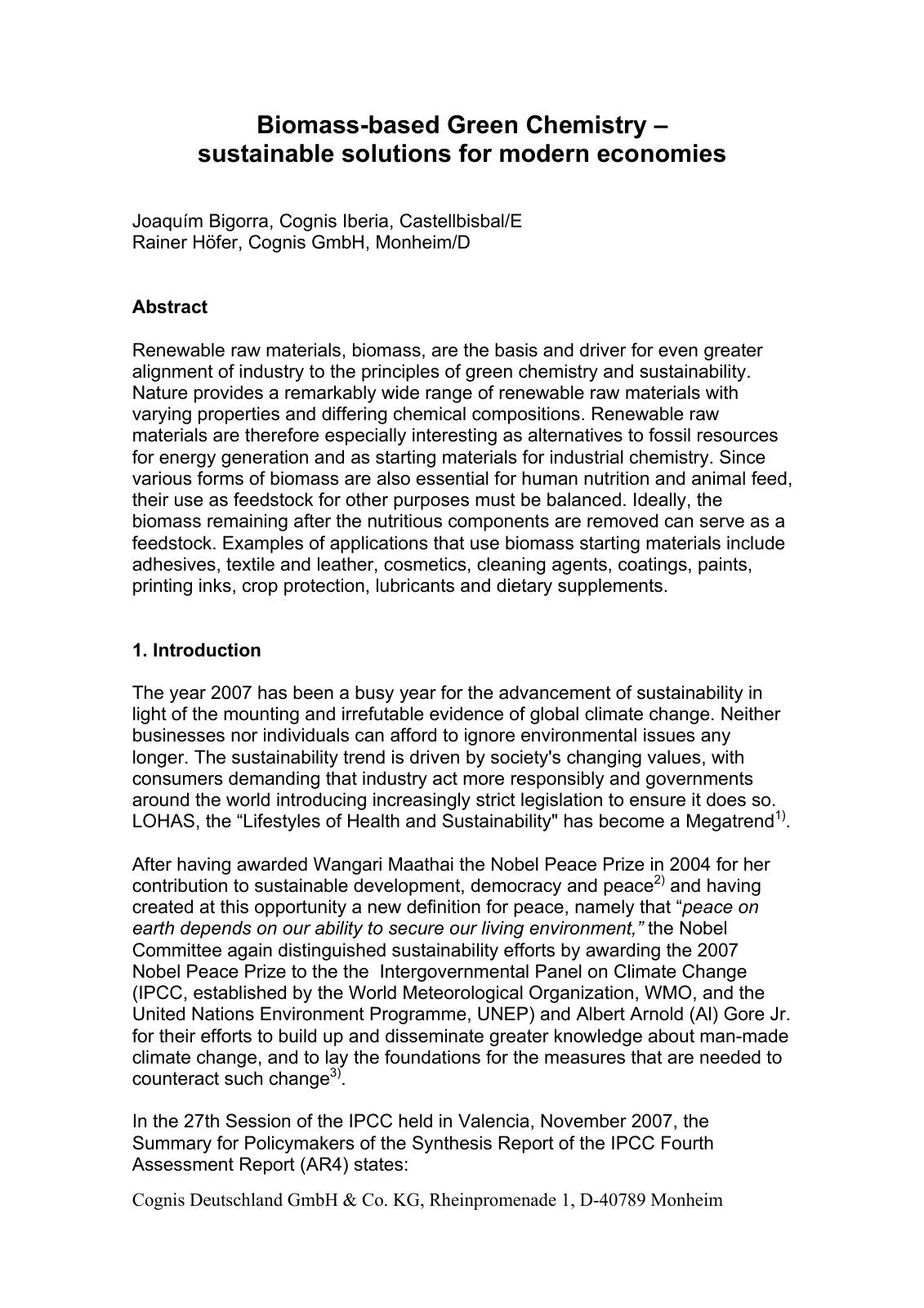 First page of Biomass-based Green Chemistry – sustainable solutions for modern economies