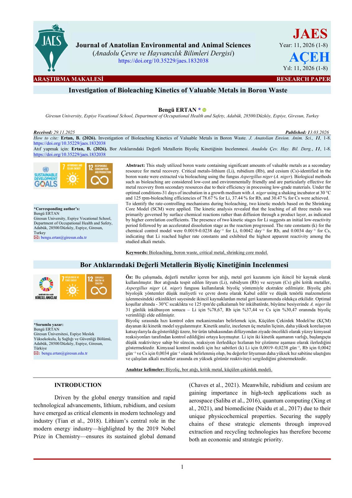 First page of 2026   Ertan   Bioleaching kinetics of metals in boron waste